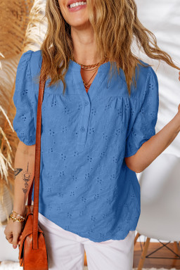 Sky Blue Lace Crochet V Neck Half Sleeve Embroidery Button Down Blouses Casual Shirts