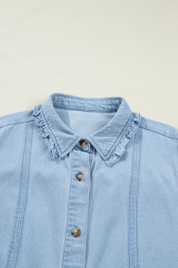 Beau Blue Ruffled Edge Collared Shift Denim Dress with Pockets