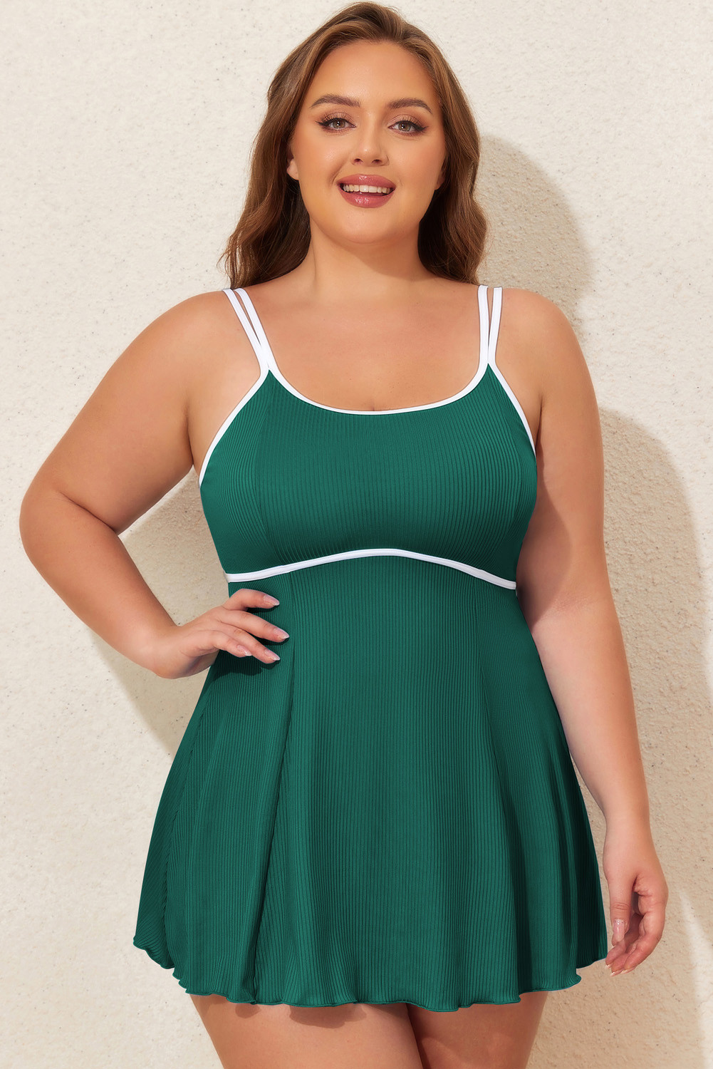 Skobeloff Plus Size Ribbed Contrast Trim Adjustable Straps 2pcs Swimsuit