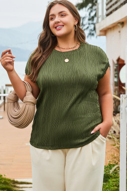 Jungle Green Solid Color Wavy Textured Plus Size Tee