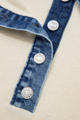 Jet Stream Short Sleeve Knit Denim Patchwork Polo Collar Sweater