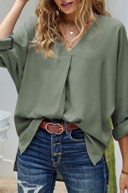 Green V Neck 3/4 Sleeve High Low Hem Shirt