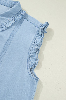 Beau Blue Ruffled Edge Collared Shift Denim Dress with Pockets