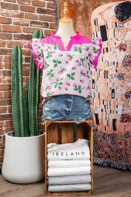 Pink Striped Strawberry Printed Color Block Patchwork V Neck Flutter Sleeve Blouse