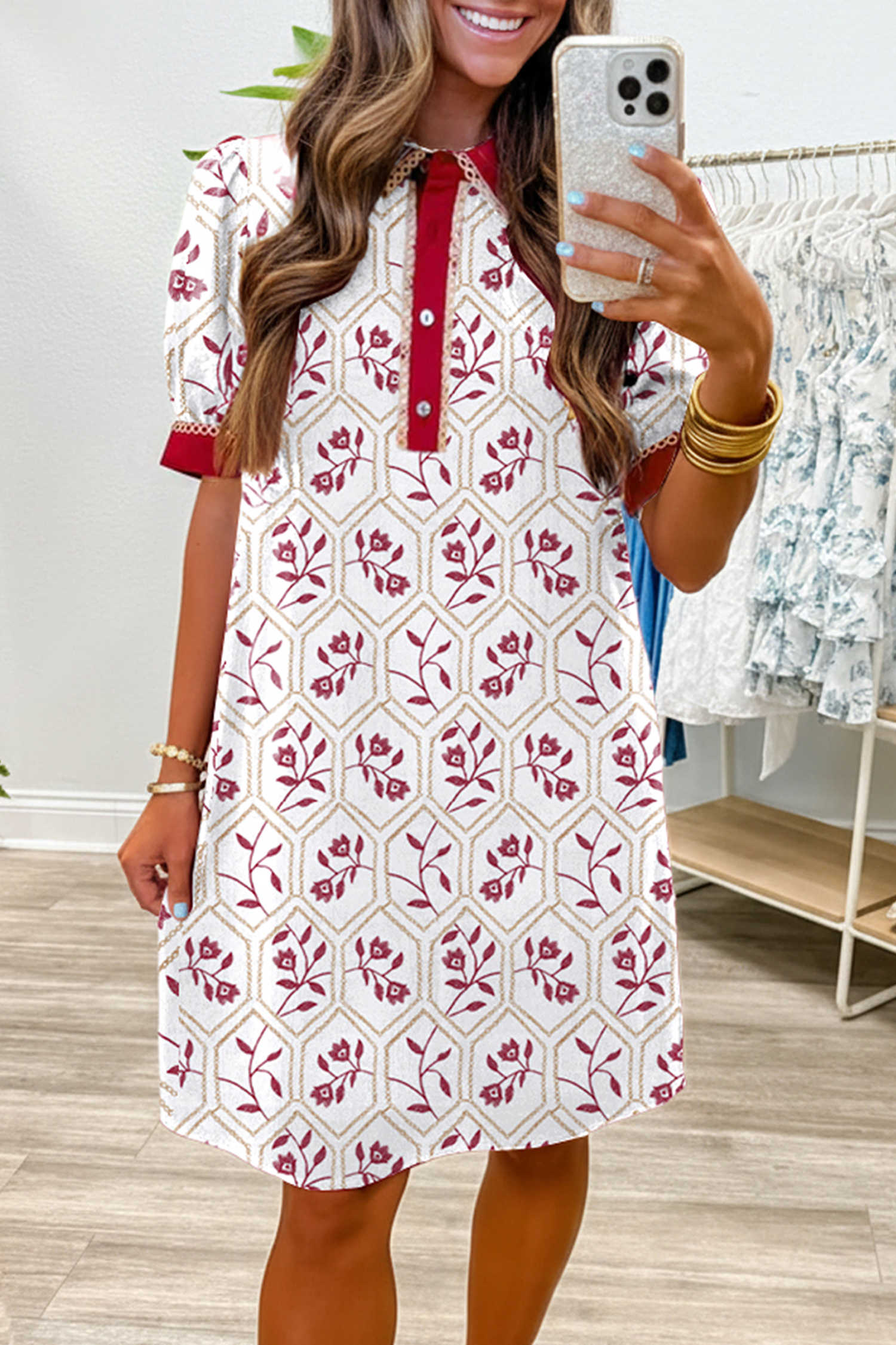 Red Geometric Floral Print Lace Trim Collared Short Sleeve Mini Dress