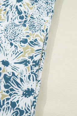 Blue Floral Print Striped Webbing Patchwork Collar Short Sleeve Mini Dress