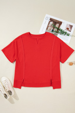 Fiery Red Plus Size Solid Color Notched Neck Seam Detail Patchwork Short Sleeve Top