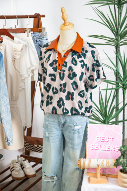 Casual Unique Leopard Print Button Contrast Collared Short Sleeve Blouse
