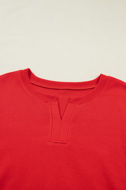 Fiery Red Plus Size Solid Color Notched Neck Seam Detail Patchwork Short Sleeve Top