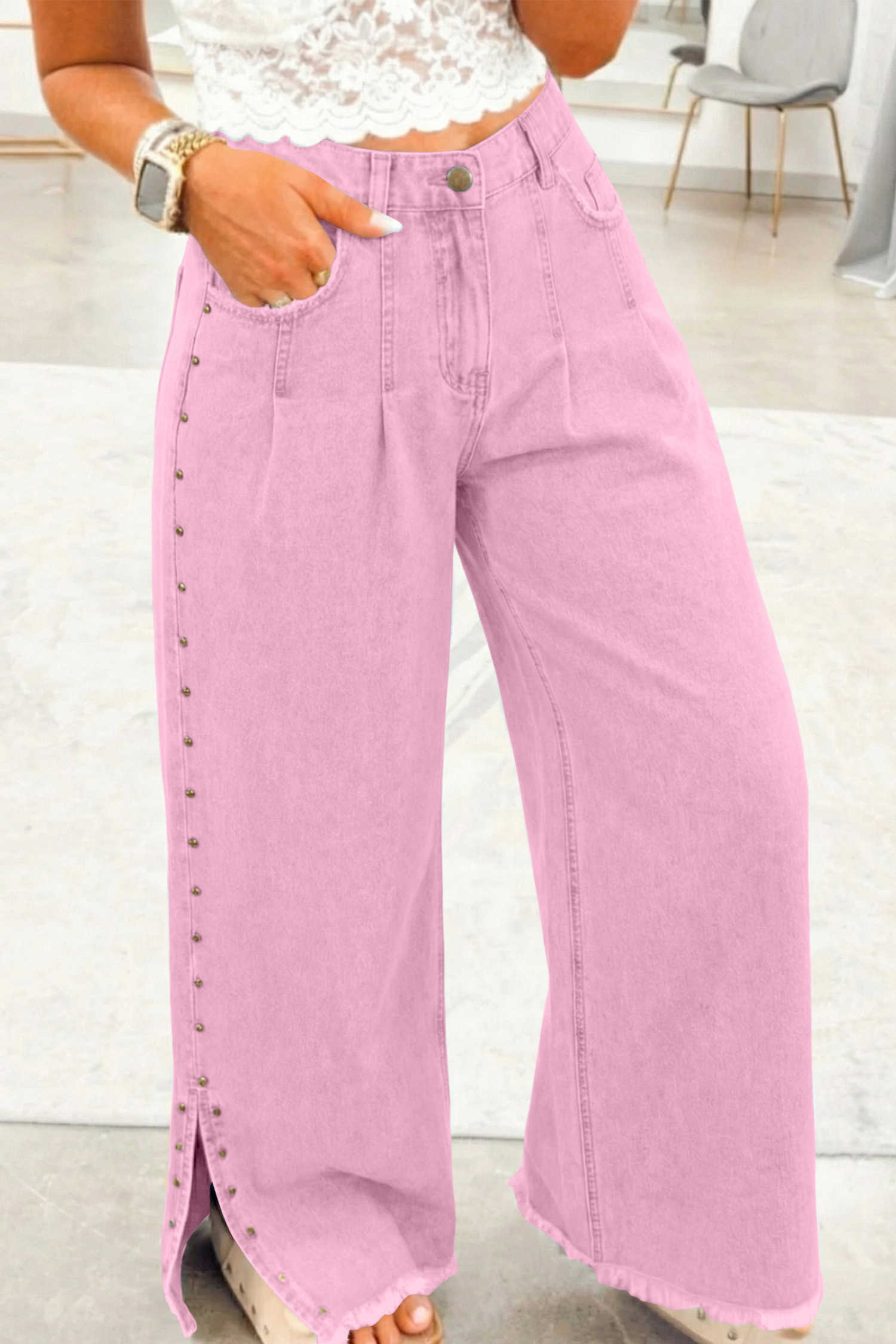 Pink Beaded Side Detail Split Loose Jeans