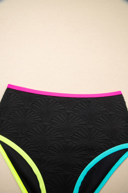 Black Floral Textured Neon Trim V Neck Crisscross Backless Tankini Set