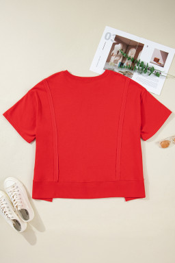 Fiery Red Plus Size Solid Color Notched Neck Seam Detail Patchwork Short Sleeve Top