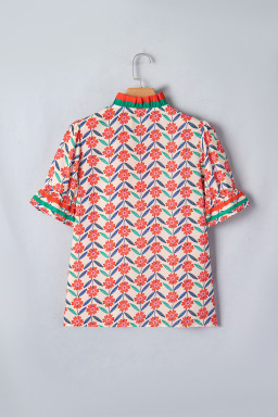 Red Floral Print Striped Detail V Neck Ruffled Short Sleeve Blouse