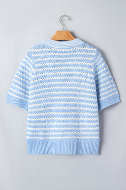 Sky Blue Stripe Short Sleeve Knit V Neck Bow Knot Sweater