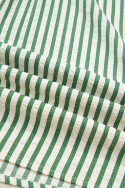 Green Stripe Collared Split Neck Short Bubble Sleeve Blouse