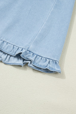 Beau Blue Ruffled Edge Collared Shift Denim Dress with Pockets