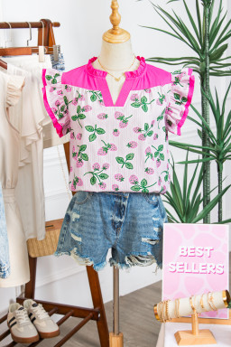 Pink Striped Strawberry Printed Color Block Patchwork V Neck Flutter Sleeve Blouse