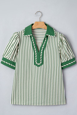 Green Stripe Collared Split Neck Short Bubble Sleeve Blouse