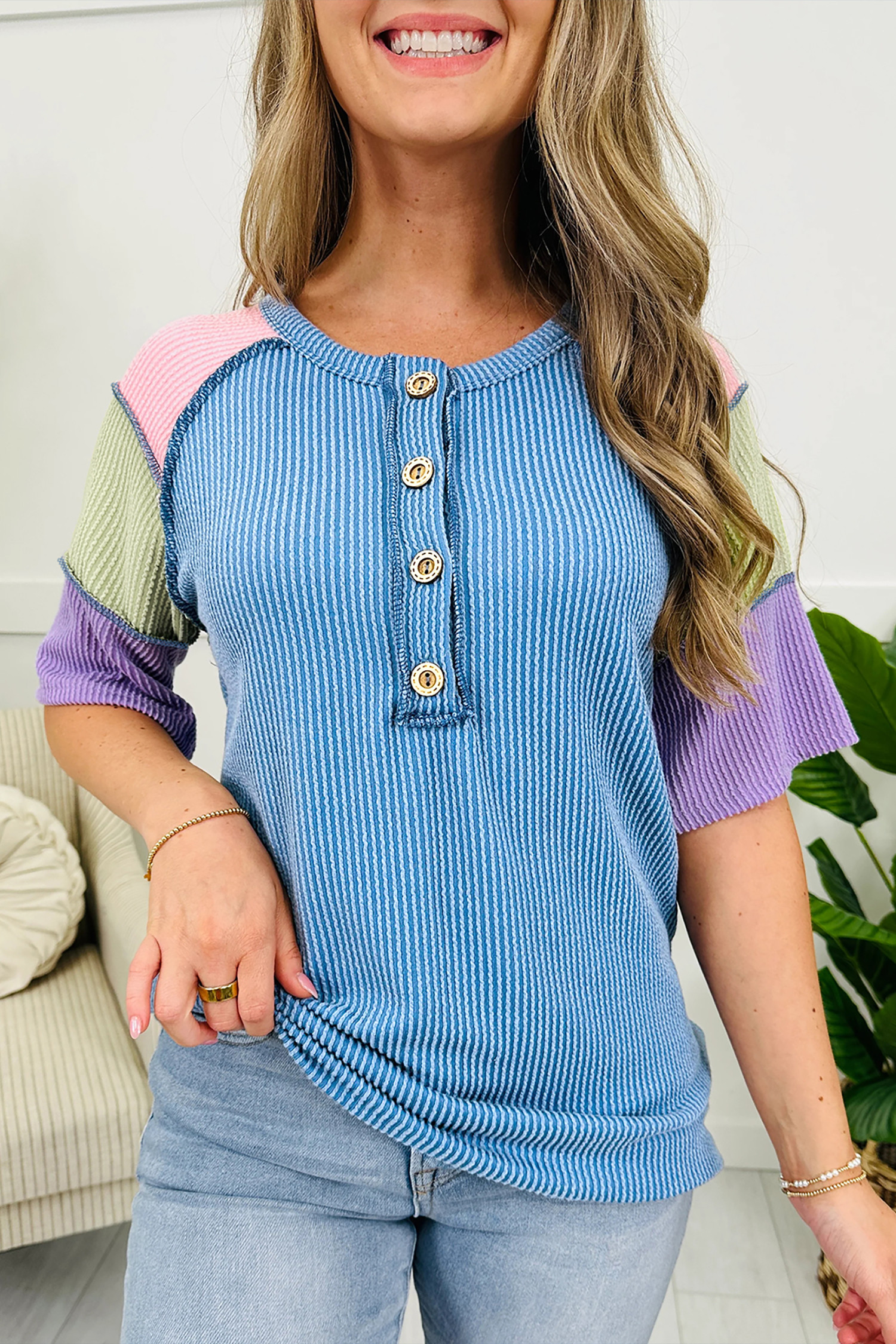 Blue Twisted Ribbed Color Block Patchwork Henley Short Sleeve T Shirt