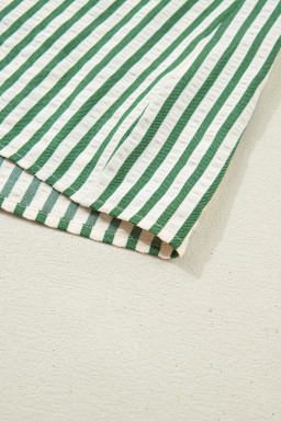 Green Stripe Collared Split Neck Short Bubble Sleeve Blouse