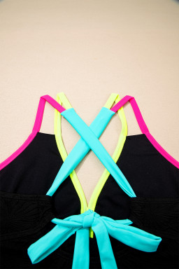 Black Floral Textured Neon Trim V Neck Crisscross Backless Tankini Set