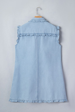 Beau Blue Ruffled Edge Collared Shift Denim Dress with Pockets