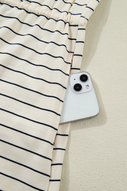 Beige Stripe Drawstring Tunic Tank Mini Dress with Pockets