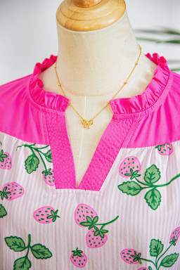 Pink Striped Strawberry Printed Color Block Patchwork V Neck Flutter Sleeve Blouse