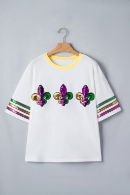 White Sequin Fleur de Lis Mardi Gras Varsity T Shirt