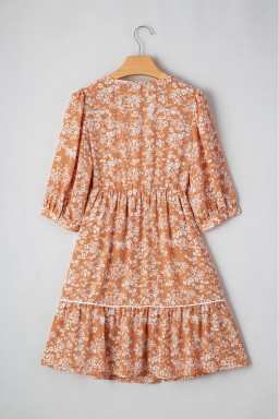 Yellow Floral Print Contrast Trim Button Tie Neck Swing Dress