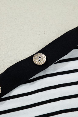 Black Stripe Cuffed Sleeve Button Detail Loose Tee