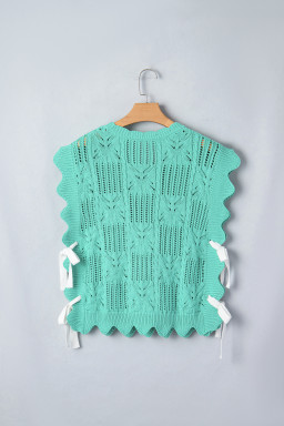 Mint Green Pointelle Knit Patterned Scalloped Trim Short Sleeve Sweater