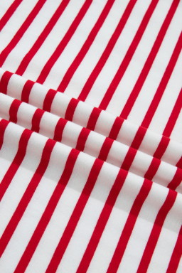 Red Stripe Plus Size Scalloped Trim Round Neck Short Sleeve Top