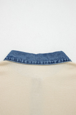 Jet Stream Short Sleeve Knit Denim Patchwork Polo Collar Sweater