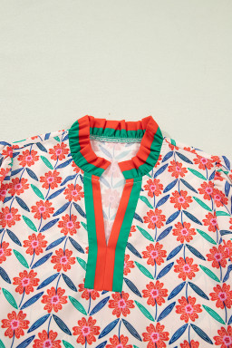 Red Floral Print Striped Detail V Neck Ruffled Short Sleeve Blouse