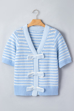 Sky Blue Stripe Short Sleeve Knit V Neck Bow Knot Sweater