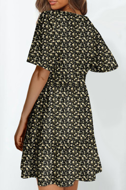 Black Floral Print Wrap V Neck Short Sleeve High Waistband Mini Dress