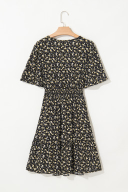 Black Floral Print Wrap V Neck Short Sleeve High Waistband Mini Dress