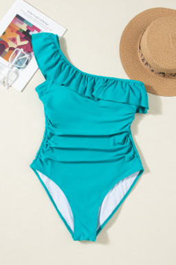 Skobeloff Solid Color Ruffle Trim Asymmetric Neck One Piece Swimsuit