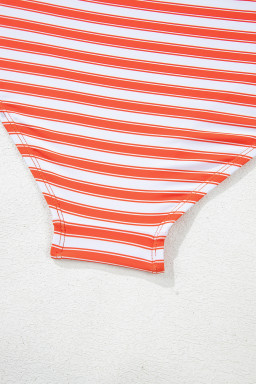 Orange Stripe Color Block Patchwork Cross Straps High Waist Bikini Swimsuit