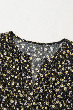 Black Floral Print Wrap V Neck Short Sleeve High Waistband Mini Dress