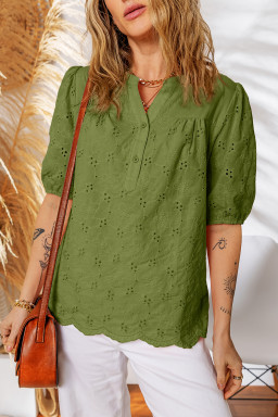 Vineyard Green Lace Crochet V Neck Half Sleeve Embroidery Button Down Blouses Casual Shirts