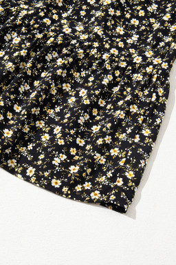 Black Floral Print Wrap V Neck Short Sleeve High Waistband Mini Dress