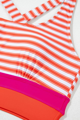 Orange Stripe Color Block Patchwork Cross Straps High Waist Bikini Swimsuit