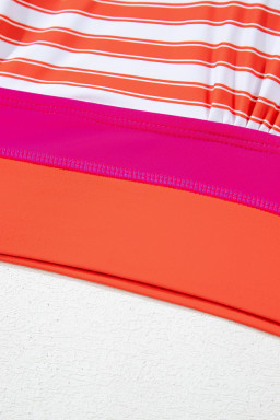 Orange Stripe Color Block Patchwork Cross Straps High Waist Bikini Swimsuit