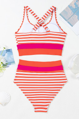 Orange Stripe Color Block Patchwork Cross Straps High Waist Bikini Swimsuit