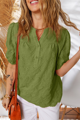 Vineyard Green Lace Crochet V Neck Half Sleeve Embroidery Button Down Blouses Casual Shirts
