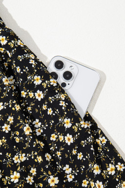 Black Floral Print Wrap V Neck Short Sleeve High Waistband Mini Dress