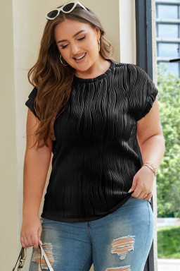 Black Solid Color Wavy Textured Plus Size Tee