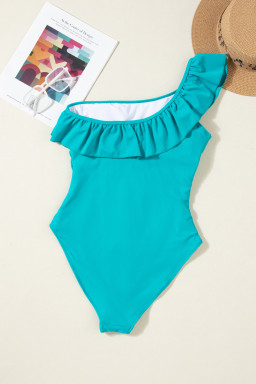 Skobeloff Solid Color Ruffle Trim Asymmetric Neck One Piece Swimsuit